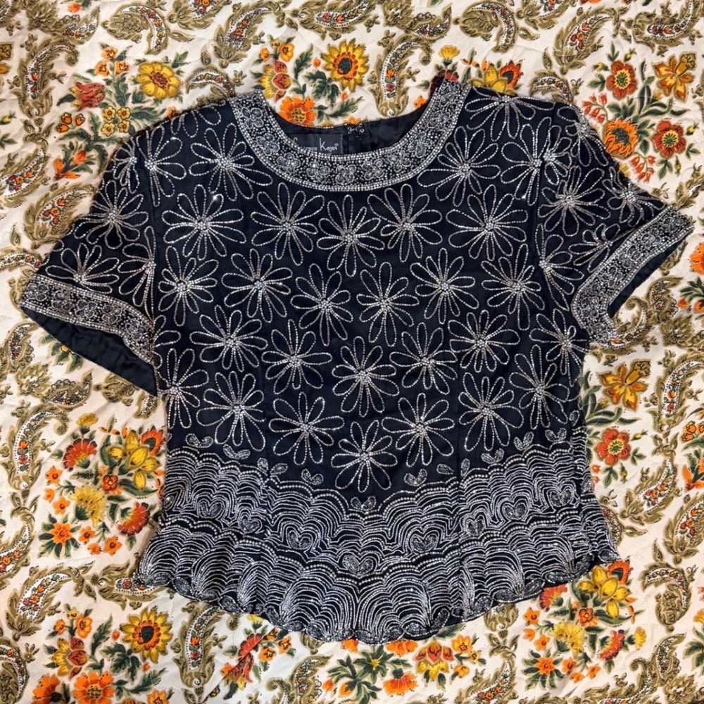 Vintage‎ Laurence Kazar Black Silk Beaded Flower Silk Blouse Top XL